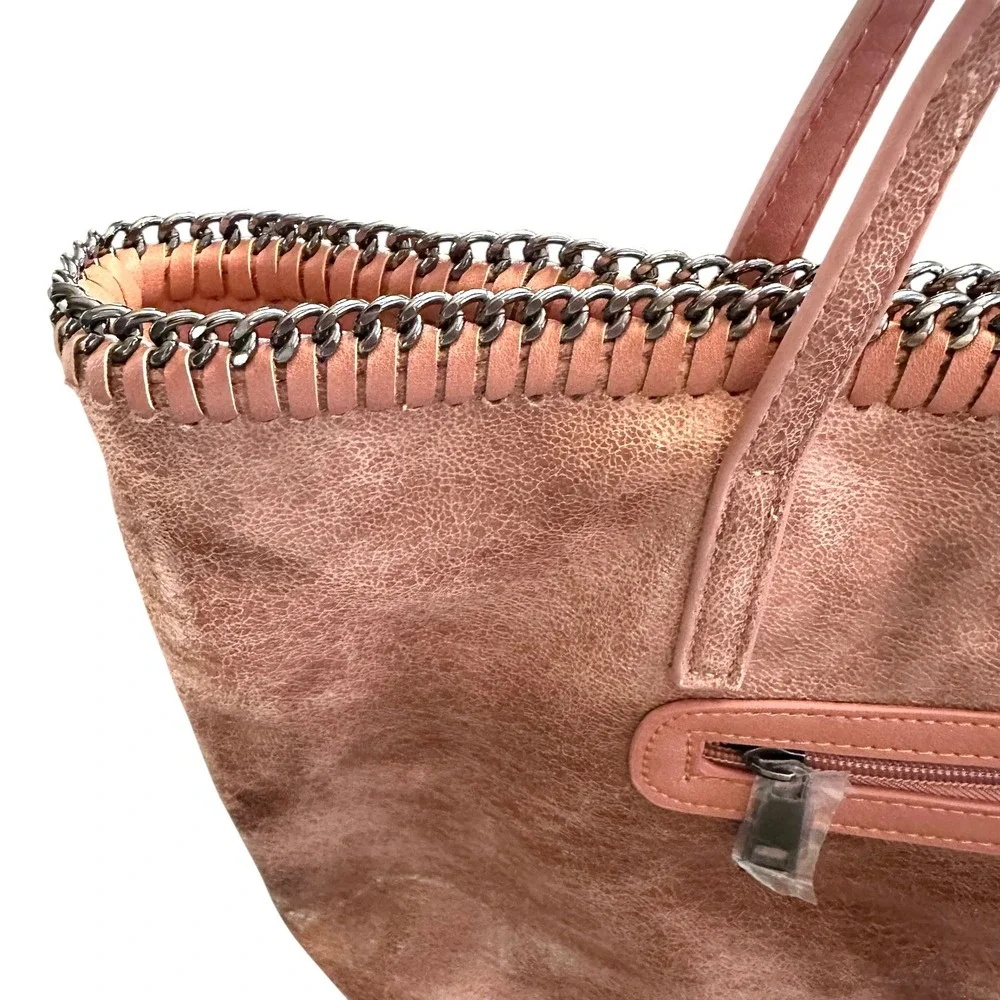 Chico's Marbled Faux Leather Large Tote Bag Blush Tan Brown Metal Chain Trim NEW